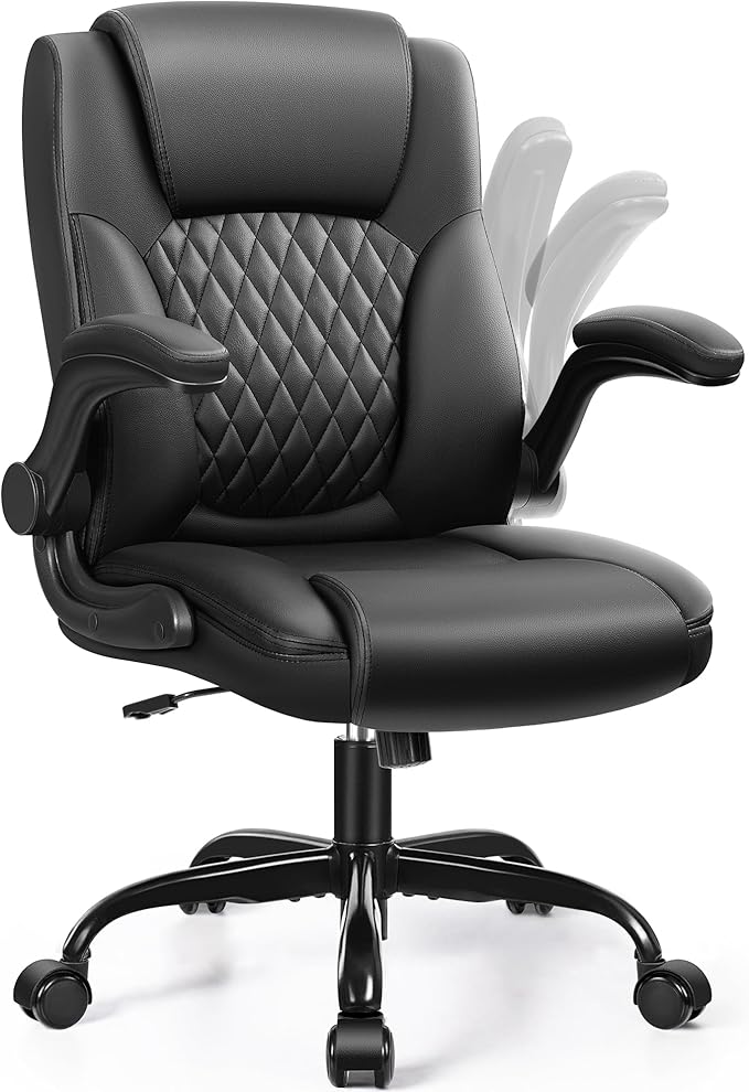 Leather Office Chair, PU Home Computer Desk Chairs with Ergonomic Back Support, 360°Swivel Free，Small Gmaing Chair with Wheels and Adjustable Armrests, for Short People Use, Black by BrickAttic