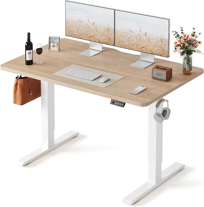 FEZIBO Standing Desk, 48 × 24 Inches Electric Height Adjustable, Sit and Stand Up, Computer Office Desk with Splice Board, White Frame/Maple TOP | Sit and Stand Up Adjustable Desk, Home Office Computer Desk with 3 Customizable Memory Presets by FEZIBO