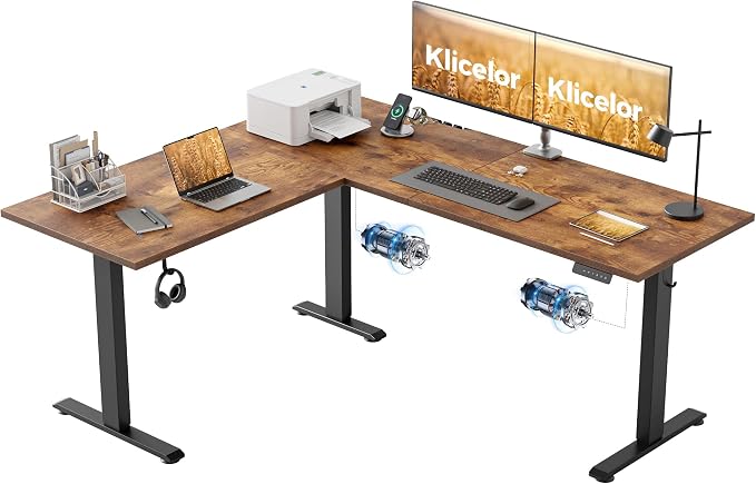 Klicelor L Shaped Standing Desk 63 x 55.1 Inch Dual Motors, Electric Height Adjustable Corner Desk for Home Office Workstation, Ergonomic Sit Stand Computer Table with Memory Controller, Rustic Brown by Unknown