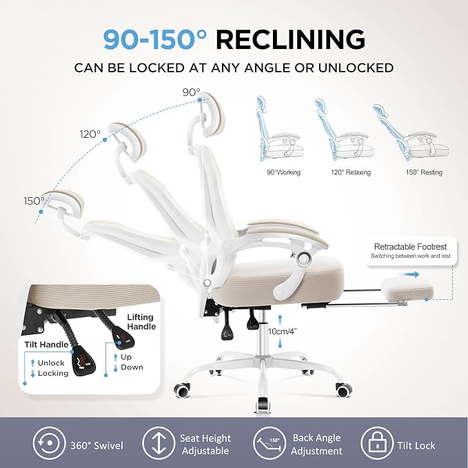 Ergonomic Office Chair with Footrest,Ultra Thick Desk Chair,Cream | 150°Reclining,Mesh High Back,Adjustable 2D Lumbar Support and Headrest,4.8" Spring Cushion,Premium Computer Chair for Adults - Image 6
