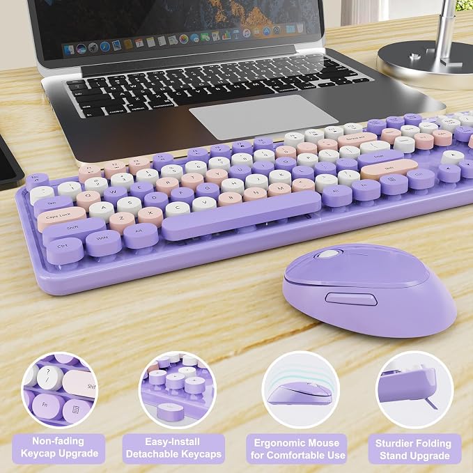 SkyGive Wireless Keyboard and Mouse Combo, Ergonomic Full Size Typewriter Retro Round Keycaps Keyboard, Compatible with Windows, PC, Perfer for Home and Office Keyboards (Lavender Purple - Image 6