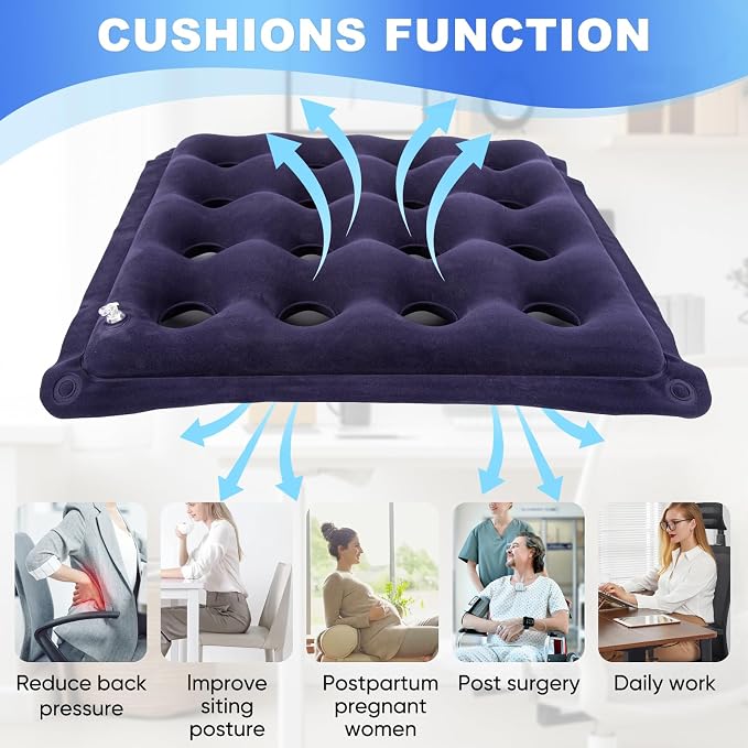 2-Pack Waffle Inflatable Seat Cushions with Pump, 18 Inch Beige 16-Hole Air Cushion for Pressure Relief, Wheelchair, Office Chair, Car Seat & Travel (Navy Blue) - Image 2