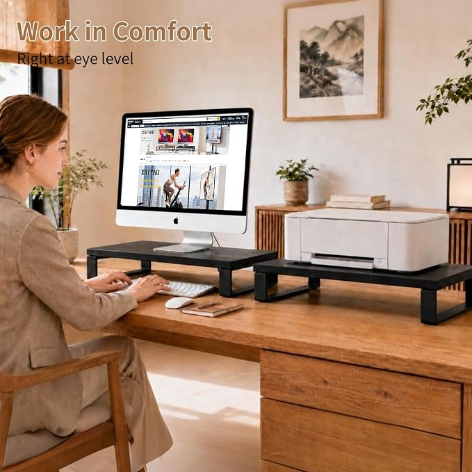 XINYAO 2 Pack Monitor Riser for Desk, Wood and Steel, 16*12*3 inch, Black | Multi-Purpose Desktop Storage Stand for dual monitor setups, TVs, Laptop, Printer, home office use, or gift giving - Image 3