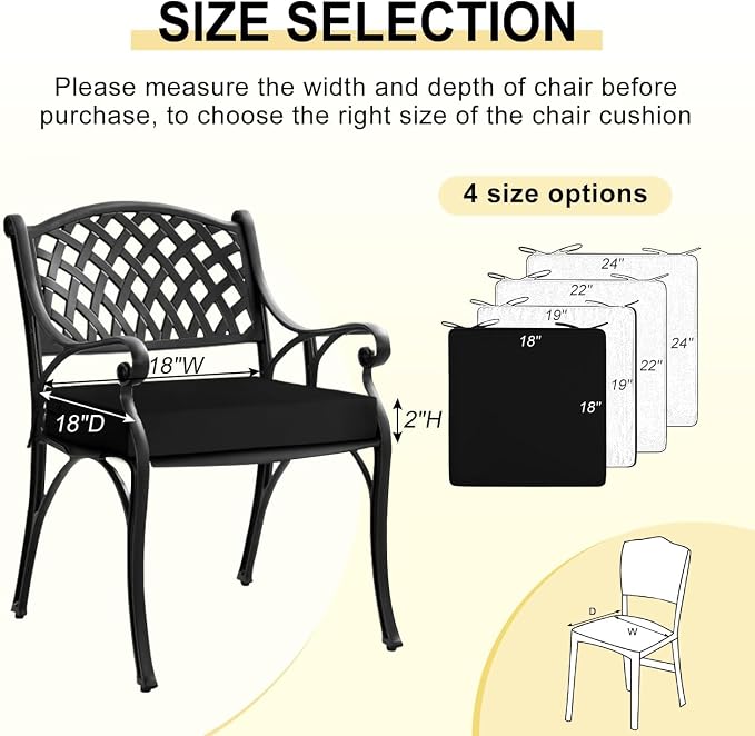 downluxe Waterproof Outdoor Chair Cushions for Patio Furniture, 18" x 18" x 2" Patio Chair Cushion with Adjustable Ties & Portable Handle, Square Outdoor Cushion with Removable Cover, Black, 2 Pack - Image 6