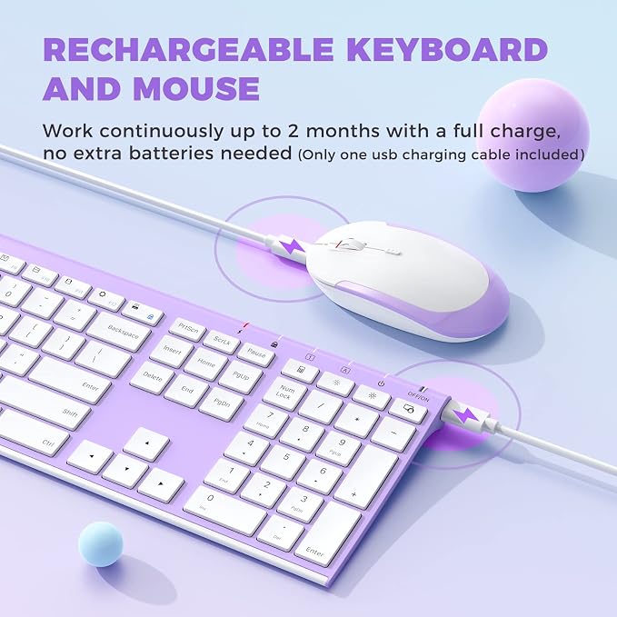 Vssoplor Wireless Keyboard and Mouse, Rechargeable Ultra Slim, Lavender | Quiet Full-Size Keyboard and Mouse Combo Set, for Laptop, PC, Notebook, Desktop, 2.4GHz Stable Connection, Ideal for Office - Image 3