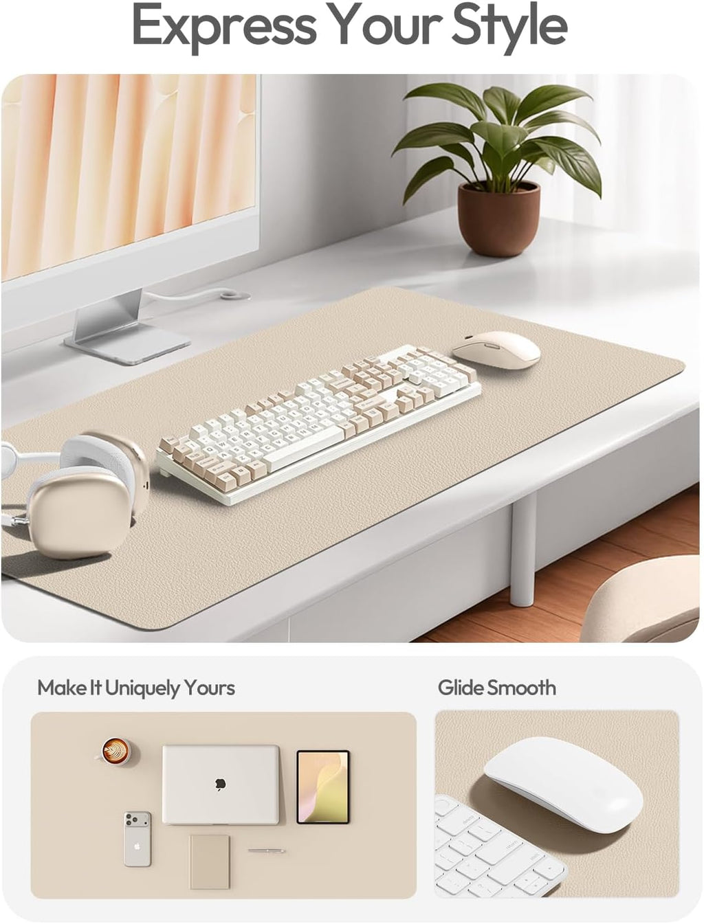 YSAGi Leather Desk Protector, Office Mat, Large Mouse Mat, Non-Slip PU Leather Blotter, Laptop Desk, Waterproof Writing Pad for Office and Home (Eggshell, 35.4" x 17") - Image 2