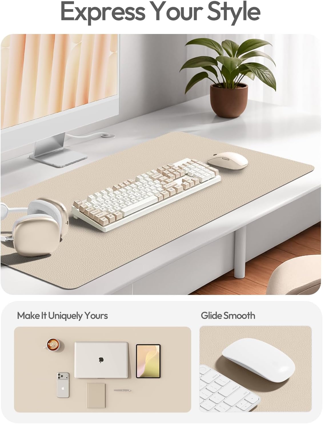 YSAGi Leather Desk Protector, Office Mat, Large Mouse Mat, Non-Slip PU Leather Blotter, Laptop Desk, Waterproof Writing Pad for Office and Home (Eggshell, 35.4" x 17") - Image 2
