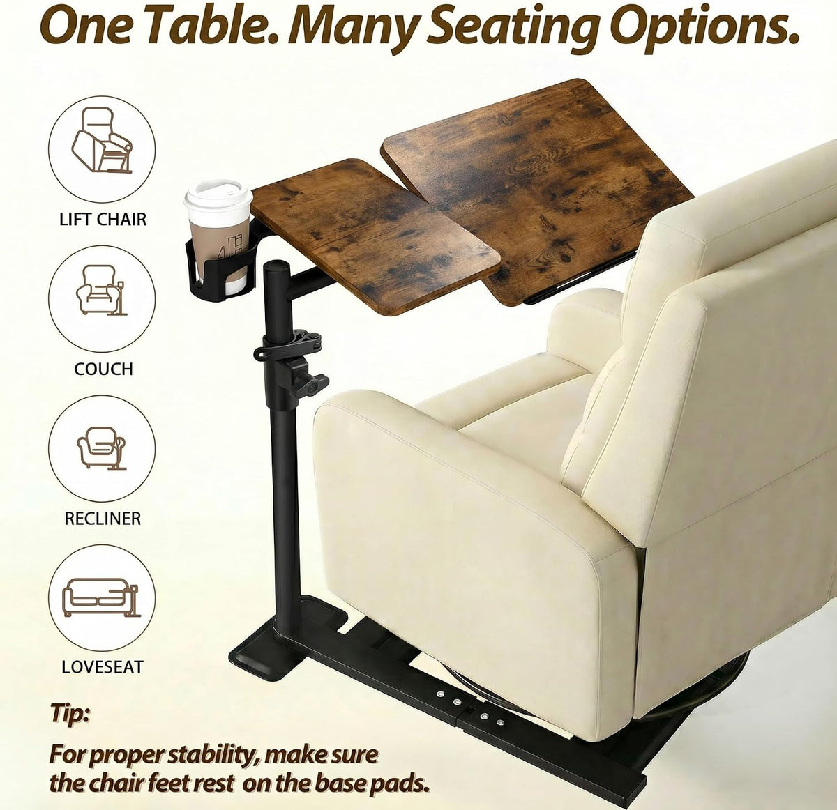 Swivel Table for Recliner Chair with Tilting Top, Adjustable Laptop Side Table for OverCouch & Sofa, Slide Under Tray Tables for Eating & Reading, Armchair Desk (Rustic Brown) - Image 8