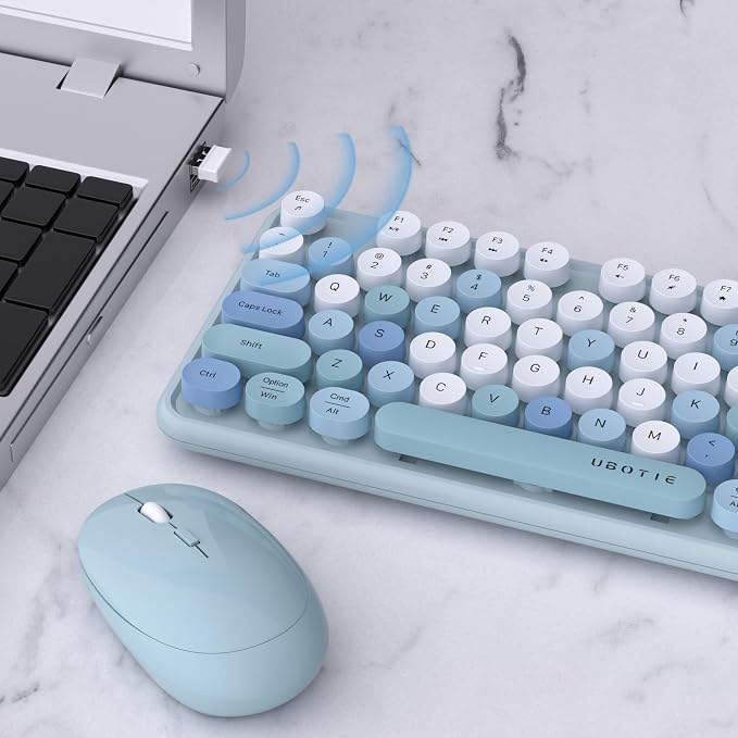 UBOTIE Colorful Wireless Keyboard and Mouse Combo (Blue-Colorful) | Retro Typewriter Floating Full-Sized Keys Computer Keyboard with Optical Mouse, 2.4GHz USB Connection for Windows Mac - Image 4