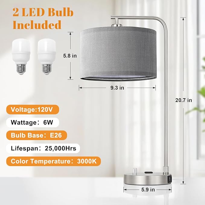 Innqoo Bedside Table Lamps for Bedroom Set of 2-Dimmable Nightstand Lamps with USB Port and Outlet,Modern Grey Lamps with Linen Shade,Tall Desk Lamps for Home Office Bedroom Living Room End Table - Image 3