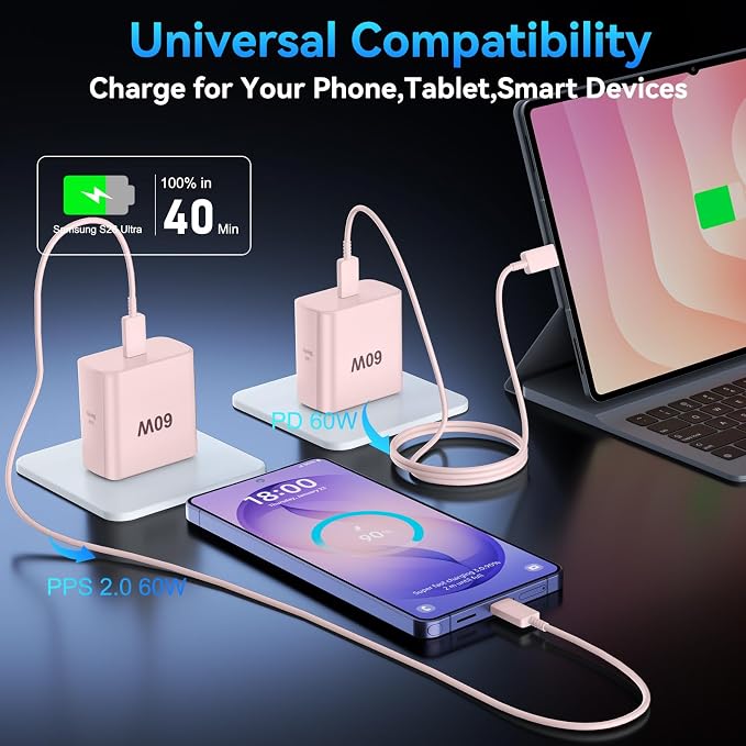 Super Fast Charger Type C 60W USB C Fast Charger Block with 10FT Extra Long Type-C Charging Cord-Super Fast Charging 3.0 for Samsung Galaxy S26 Ultra/S26/S26+/S25 /S24/S23 Ultra-Pink - Image 4