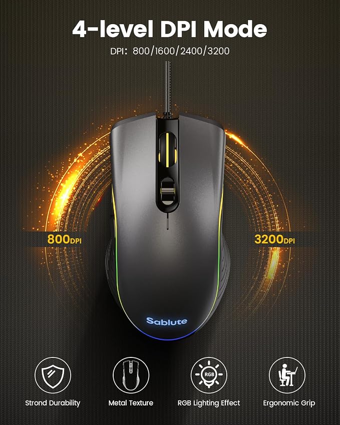 SABLUTE Gaming Keyboard and Mouse, Quiet Membrane with RGB Backlit | PC Gaming Keyboard with Multimedia Knob, Anti-Ghosting, Ergonomic Wrist Rest & 3200 DPI Mouse for Gamer/Office - Image 6