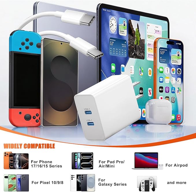 45W USB-C for iPhone 17 16 15 Pro Max Charger Fast Charging and Long Type C to C Cable Cord 10FT/6FT,PD 3.0 GaN Dual USB C Port Super Fast for iPhone 17 Pro/17 Air/16 Plus/15 Series/Pad/Galaxy S24/S25 - Image 7