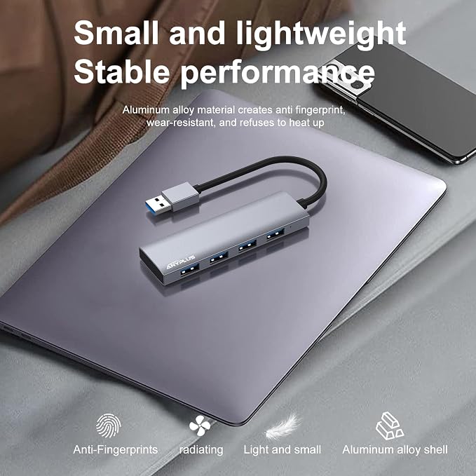USB Hub, USB 3.0 Hub Aluminum Alloy Ultra Slim USB Splitter, Portable 4 Port USB Extender, USB Hub for Laptop, PC, MacBook, iMac, Surface Pro, Mac Pro, Flash Drive, XPS 【Grey】 - Image 6