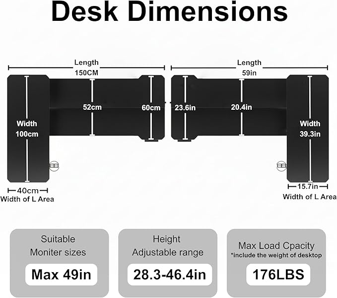 L Shaped Electric Standing Desk - 59x40 Inch Reversible Corner Sit Stand Desk with Hook&Cup Holder,Electric Height Adjustable Table,for Home Office Gaming Computer Desk, Black Carbon - Image 4