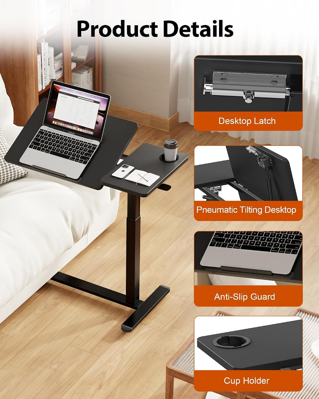 Overbed Table with Wheels, Pneumatic Lift, Foldable Top (Black) - Image 6