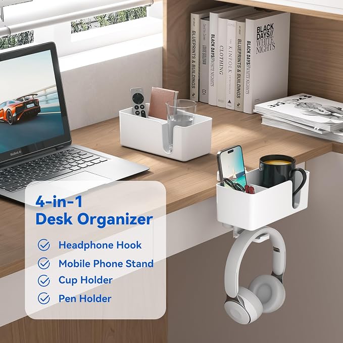 KDD 4-in-1 Desk Organizer - Under Desk Cup Holder and Headphone Hanger with 2 Wire Holes - Rotating Hanger and Detachable Storage for Cup, Phone and Pen (White) - Image 2