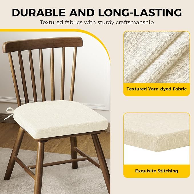 downluxe Indoor Chair Cushions for Dining Chairs, Foam Kitchen Chair Pads with Ties and Non-Slip Backing, 16" x 16" x 2", Beige, 6 Pack - Image 6