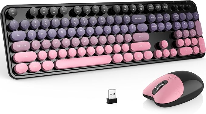 MOFII Wireless Keyboard and Mouse Combo, 2.4 GHz Full-Size Retro Round Keyboard and Mouse, Plug and Play, 8 Multimedia & Shortcut Keys for Mac, Windows, Laptop/Desktop/PC - Pink Gradient by MOFII