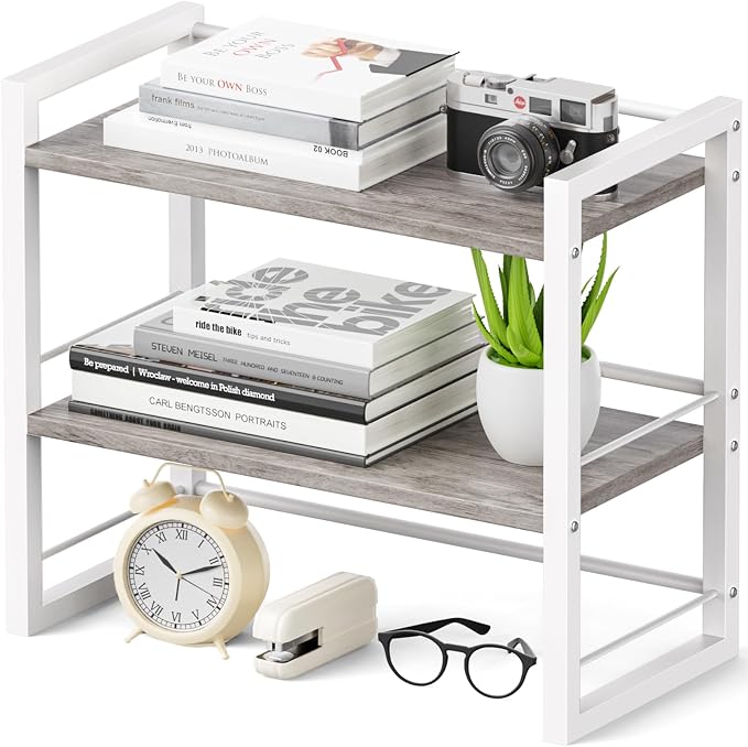 Office Desk Shelf Organizer, Wood Desktop Bookshelf Supplies Storage Rack, Shelf for Top of Desk and Dresser (Grey-2 Tier) by ART-GIFTREE