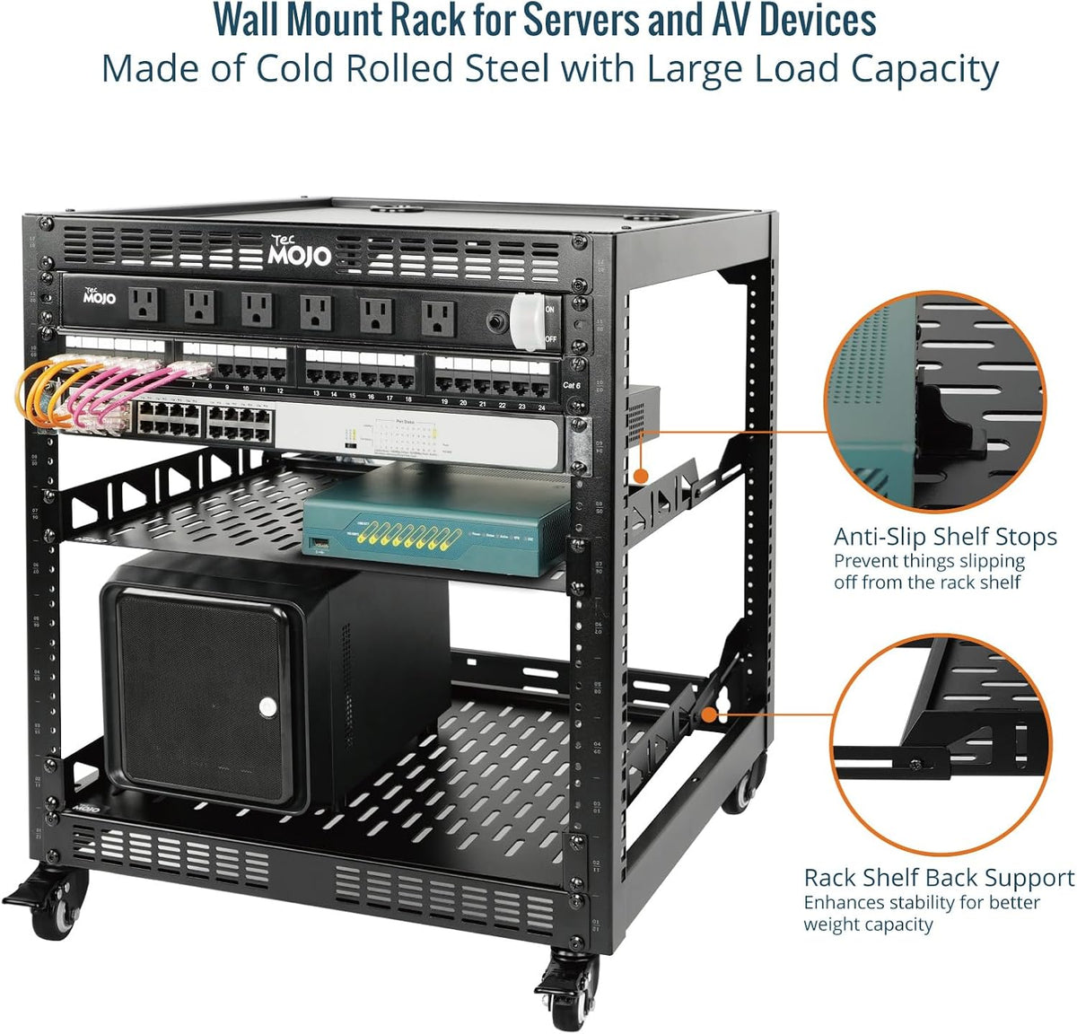 TECMOJO 12U Open Frame Network Rack for IT & AV Gear, 4-Post With Casters, Mobile With 2 PCS 1U Server Shelf & Mounting Hardware, for 19" Network, Audio and Video Device - Image 3