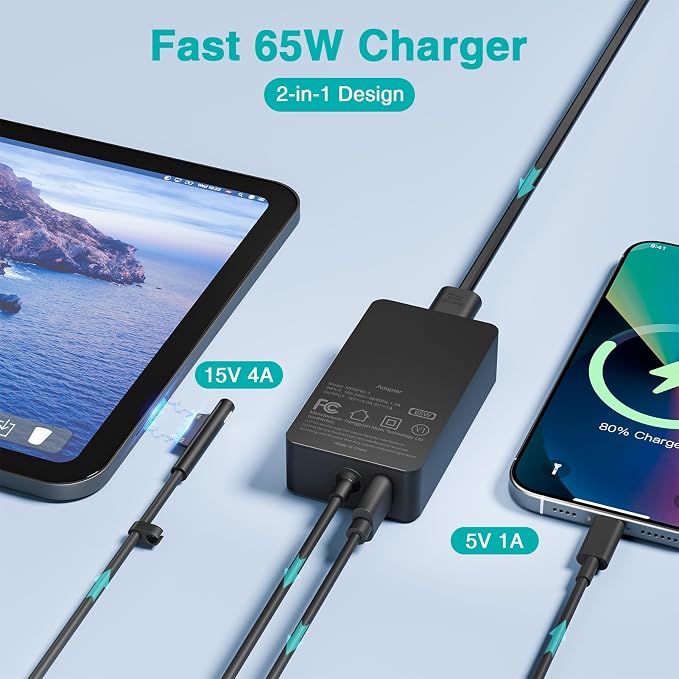65W Charger Compatible with Microsoft Surface Pro 11, 10, 9, 8, 7+, 7, 6, 5 | Fast Charging for Surface Laptop 7/6/5/4/3/2/1/Studio, Go 4/3/2/1, Book 3/2/1, Support 44W 36W, 10FT - Image 3