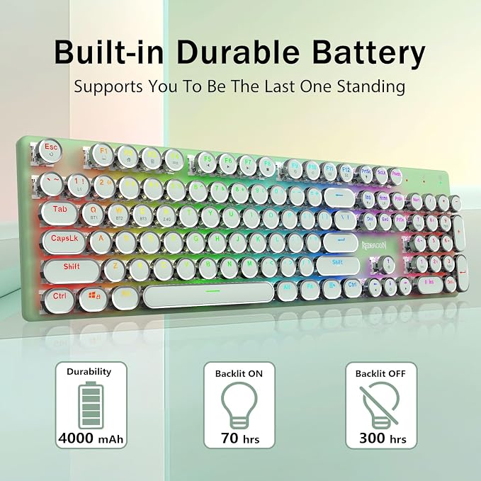 Redragon K710 Wireless Typewriter Mechanical Gaming Keyboard, Green | Bluetooth/2.4Ghz/Wired, RGB Led Backlit, Blue Switch - Clicky, Rechargeable 4000mAh, Solid Metal Panel, Round Keycaps - Image 5