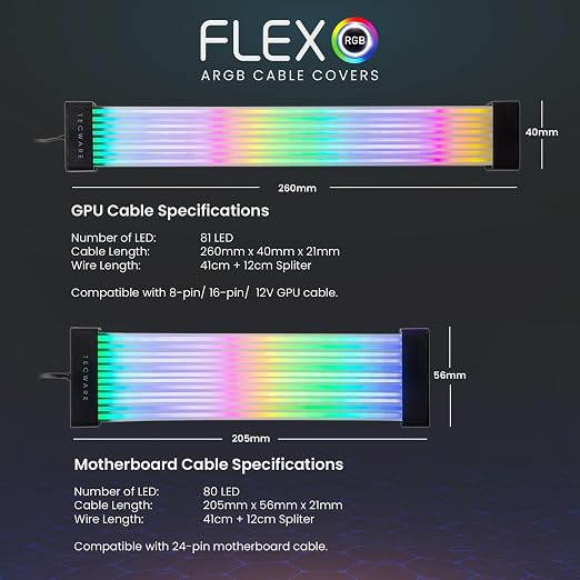 TECWARE Flex RGB Cable Cover Kit | Compatible with 24-Pin Motherboard and 8-Pin/16-Pin GPU | ARGB PSU Cable Extension with 5V 3-Pin Sync | RGB Lighting Kit for PC Cables | Black - Image 5