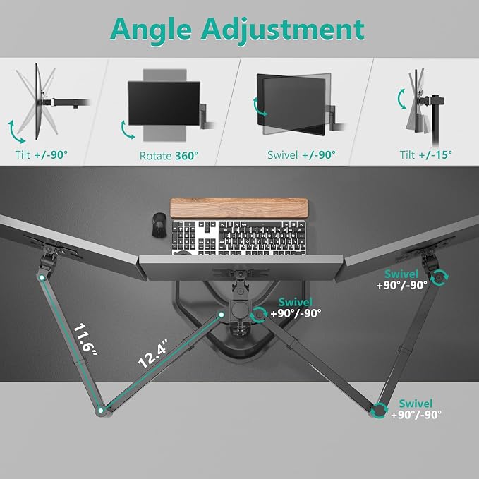 WALI Triple Monitor Stand, Free Standing for 13-27 inch Screens,up to 22lbs | 3 monitor stand for desk, Adjustable, Full Motion with Tilt, Swivel, Rotation, C-Clamp & Grommet Base, VESA 75/100mm (MF003) - Image 5