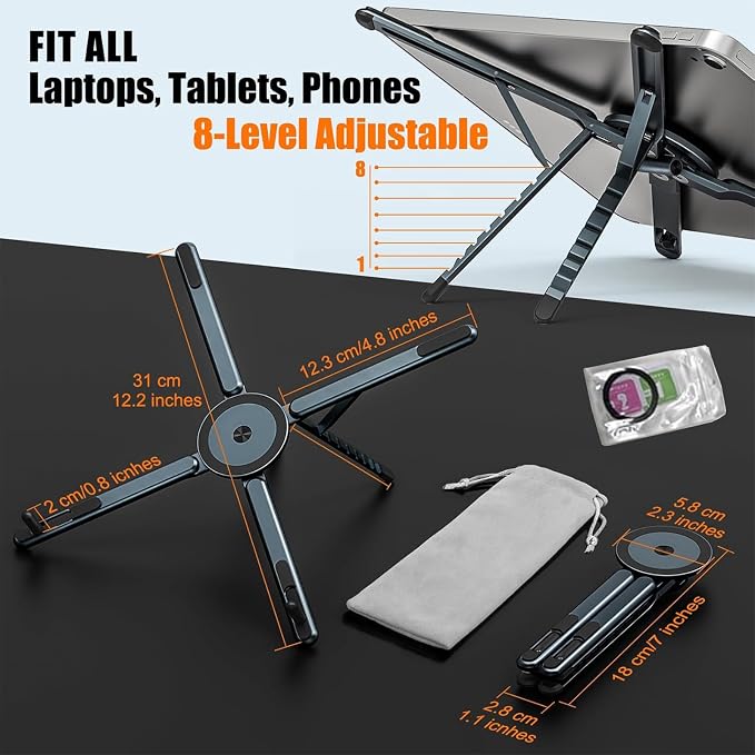 Portable Laptop Stand, 3-in-1 Magnetic Foldable Adjustable, for Desk（Gray） | Aluminum alloy, lightweight compact, 8-level height, ergonomic, for phone/tablet, home office/travel - Image 4