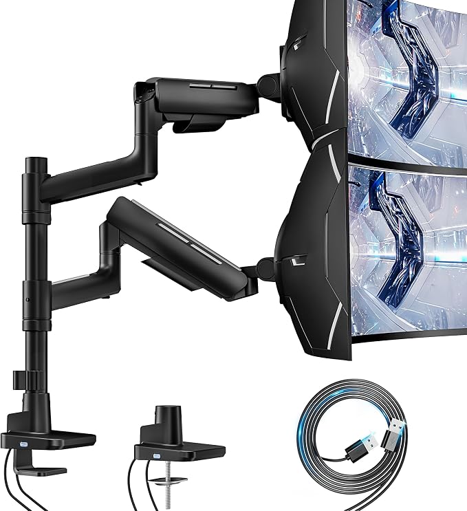 ARES WING Dual Monitor Mount with USB for 17-49 Inch Screen, Black | Ultrawide Heavy Duty Computer Monitor Arm Desk Mount for Curved Screen, Gas Spring Adjustable Vesa Stand by ARESWING