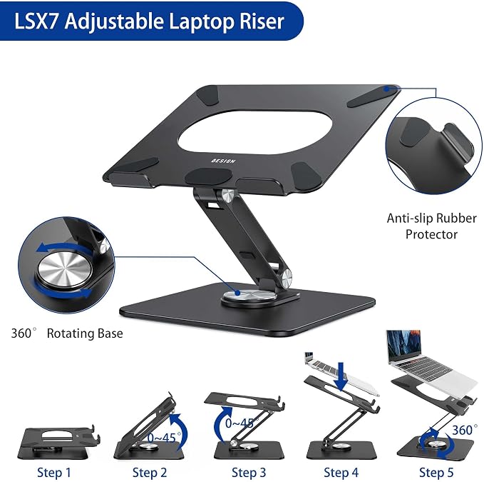 BESIGN LSX7 Laptop Stand with 360 Rotating Base, Ergonomic Adjustable Notebook Riser, Foldable Computer Holder Compatible with 10-15.6" Laptops (Black) - Image 8