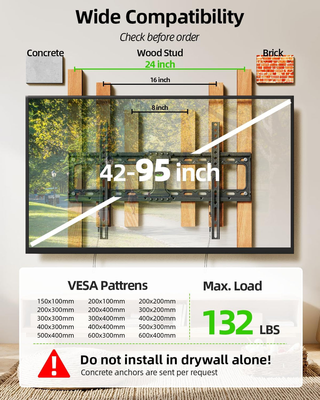 USX MOUNT TV Wall Mount,Low Profile TV Mount for Most 42-95 Inch Flat Screen Televisions,Max VESA 600x400mm Fixed Wall Mount Bracket Holds up to 132 lbs,Fits 16"/18"/24" Studs - Image 2