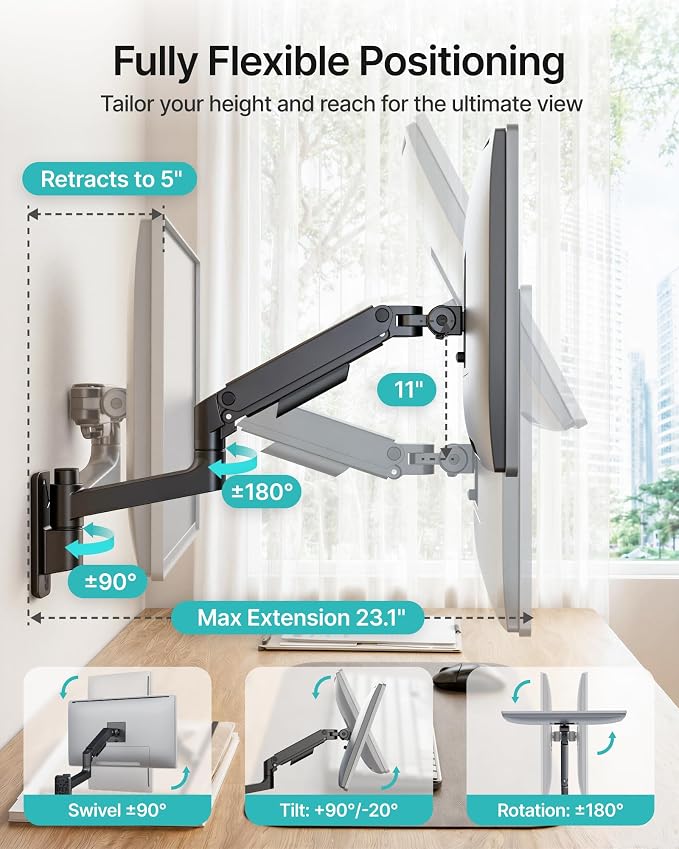 Single Wall Mount Monitor Arm for 17-49" Ultrawide Screens | Heavy Duty Wall Mount Stand Holds up to 44 LBS - Image 4