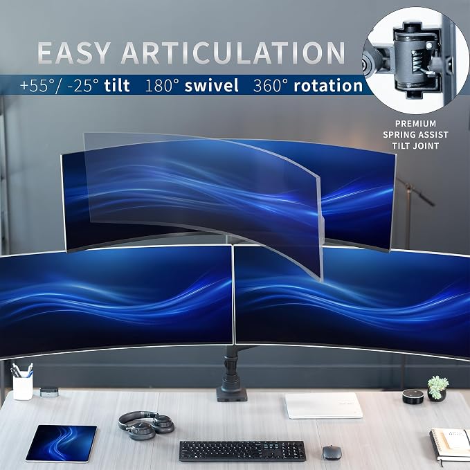 VIVO Pneumatic Arm Triple Ultrawide Monitor Extra Tall Desk Mount for Up to 49 inch Screens, Heavy Duty Clamp, Holds 3 Ultra Wides Up to 44 lbs, Black, STAND-V300D - Image 9