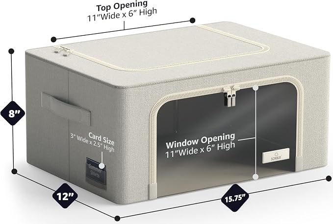 Sorbus Clothes Storage Bins, Clear Window & Handles (4 Pack, Beige) | Large foldable stackable boxes have easy-carry grips for bedding and linens in closets, bedrooms and laundry rooms. - Image 3