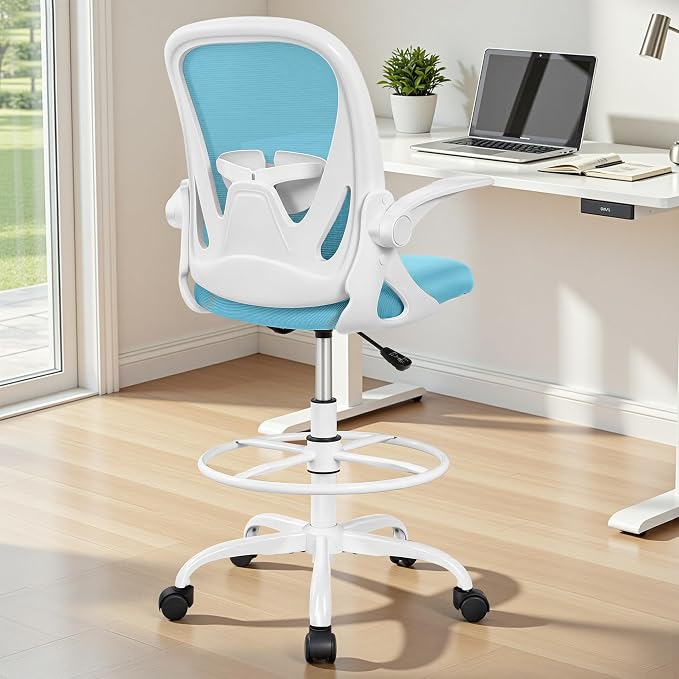 Drafting Chair Tall Office Chair with Flip-up Armrests Executive Ergonomic Computer Standing Desk Chair with Lumbar Support and Adjustable Footrest Ring（Blue） - Image 2
