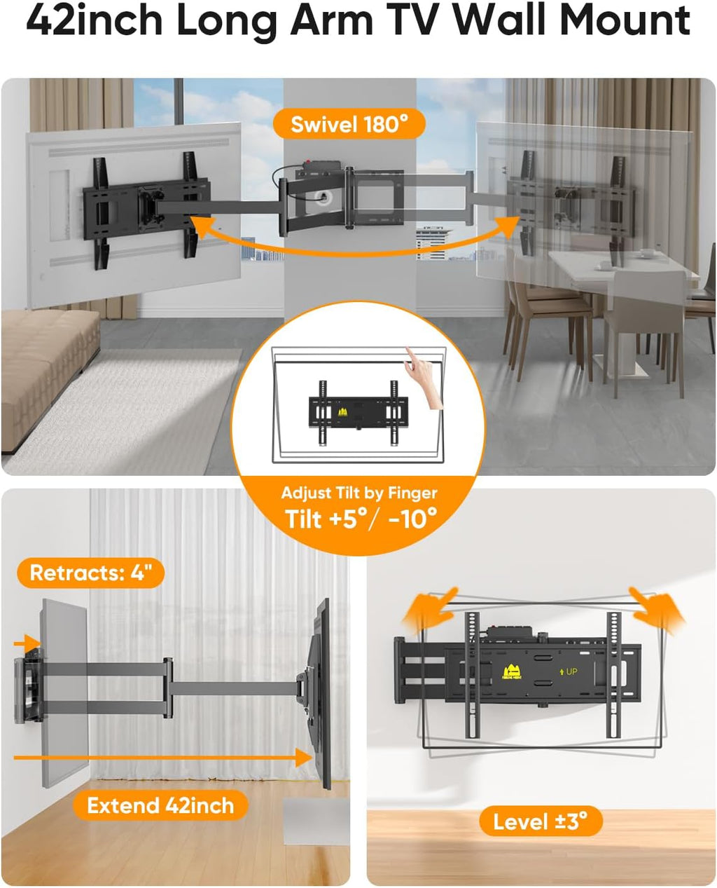 FORGING MOUNT Long Arm TV Wall Mount with Power Strip for 42–80 inch TVs - Image 4