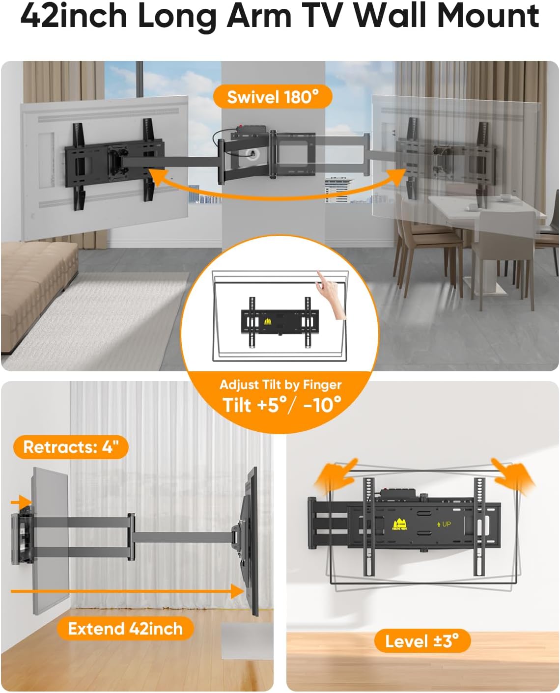 FORGING MOUNT Long Arm TV Wall Mount with Power Strip for 42–80 inch TVs - Image 4