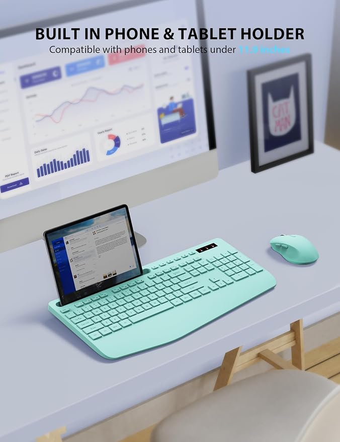 Wireless Keyboard and Mouse Combo - Full-Sized Ergonomic Keyboard with Wrist Rest, Phone Holder, Sleep Mode, Silent 2.4GHz Cordless Keyboard Mouse Combo for Computer, Laptop, PC, Mac, Windows (Green) - Image 3