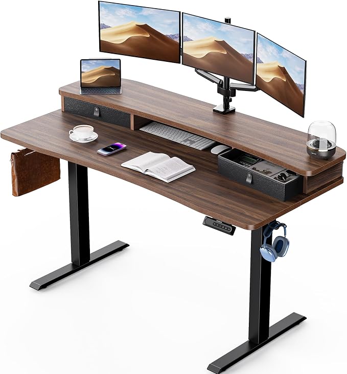 HUANUO 55" x 26" Electric Standing Desk with 2 Drawers, C-Clamp Mount Compatible, Height Adjustable Computer Desk, Home Office Stand Up Desk with 4 Preset Heights & 2 Hooks, Walnut by HUANUO