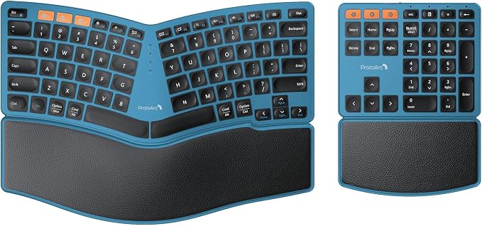 ProtoArc Wireless Ergonomic Keyboard with Separate Number Pad - Blue | 2.4G and Dual Bluetooth, Hard Palm Rest, Split Design, Rechargeable, Compatible with Windows, Mac by ProtoArc
