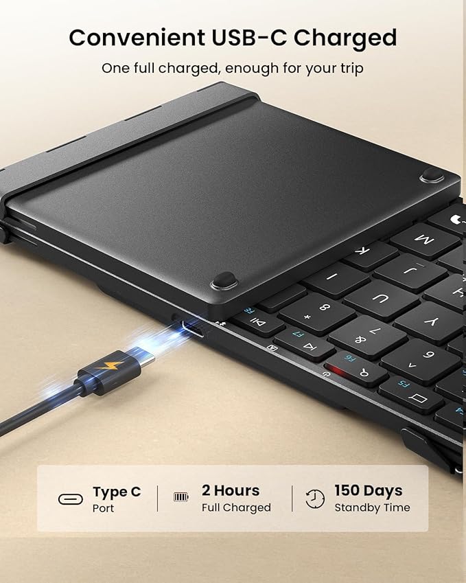 ProtoArc XK01 Full-Size Foldable Bluetooth Keyboard for Travel, Black | 105 keys, number pad, 0.65in keycaps, 3-device Bluetooth 5.1 switching, USB-C charging, for laptop tablet phone - Image 6