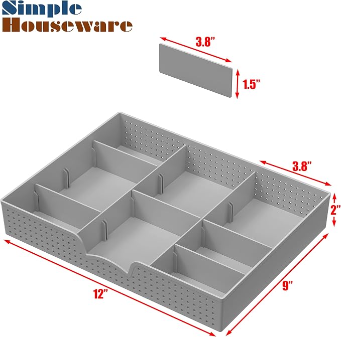 Simple Houseware Drawer Organizer Tray, 9 Adjustable Compartments, Gray | For Office, Makeup, and Craft Drawer or Desktop Storage - Image 7