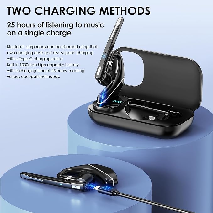 EKVANBEL Bluetooth Headset V5.3, Wireless Earpiece with 1000mAh Charging Case, 96H Talktime, Hands Free Noise Canceling Headphones with Dual-Mic for Computer Cell Phones Trucker Home Office Work - Image 3