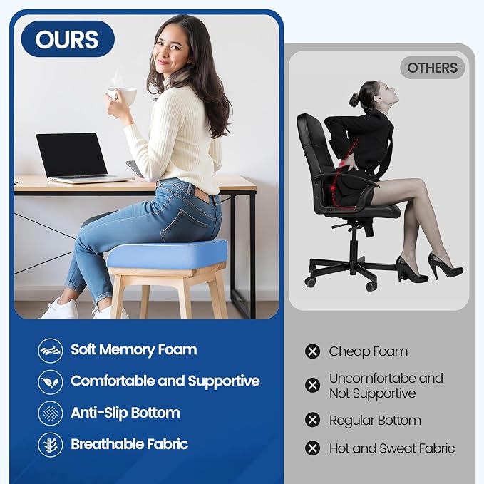 SweetSlubr Seat Cushion, Chair Pad, Memory Foam Tailbone Pain Relief | Office Chair Cushion for Tailbone Pain Relief, Non-Slip Cover, Soft Support for Office Chair, Car Seat,2X-Large/Light Blue - Image 7