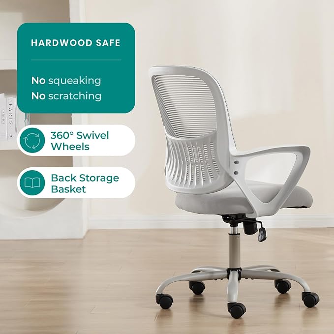 OLIXIS Home Office Chair, Mesh Desk Chair, Ergonomic Lumbar Support | Mid Back Computer Ergonomic, Height Adjustable Swivel Task, Large Seat Armrest, Adults, Grey - Image 3