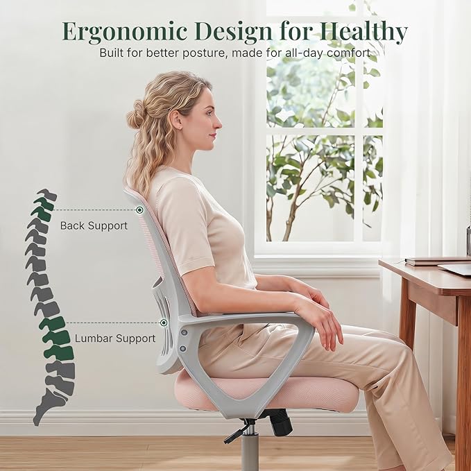 Home Office Desk Chair, Lumbar Support, Mesh Back Computer Chair | Height Adjustable, Mesh Mid-Back, Ergonomic Task Gaming Chair with 360° Swivel Wheels, Lumbar Support, Pink - Image 6