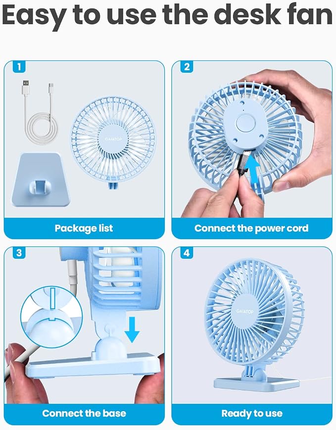 Gaiatop USB Desk Fan, Personal Portable Quiet Small Table Desktop fan | Powerful Mini 3 Speeds, Adjustable Head, for Cooling Home Office Car Summer Travel Gifts Light blue - Image 8