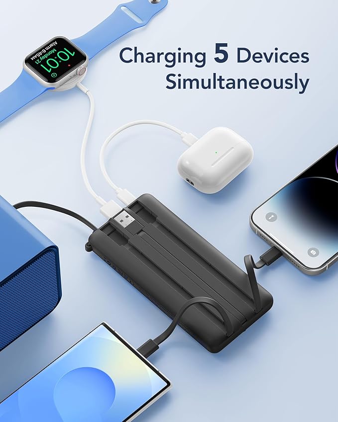 VRURC Portable Charger Power Bank, Built-in 4 Cables & 2 Ports 10000mAh | LED Display Slim Battery Pack,Compact Travel Essential Portable Phone Charger 5 Output for Multi Devices,Student/Teens(1Pack) - Image 3